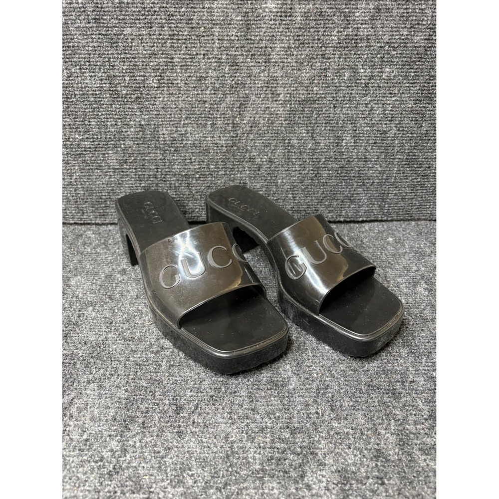 Gucci Black Rubber Logo Platform Slide Sandals Block Heel 624730 Womens 37